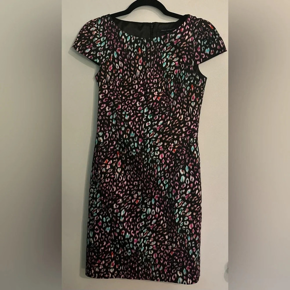 French Connection Womens Sz 6 Multi color black leopard print cap‎ sleeve dress - Picture 1 of 8